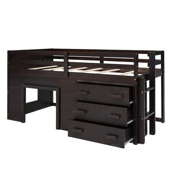 English Elm Twin Low Loft Bed with Storage Drawers Cabinet and Shelf in Espresso Wood LP001501AAP