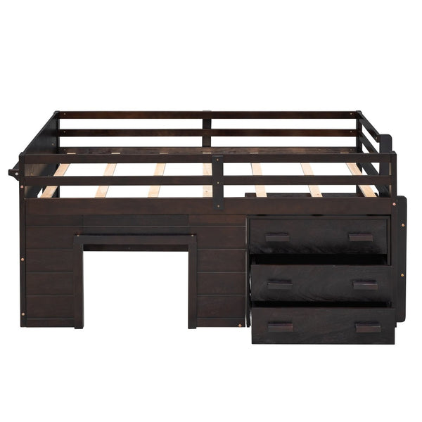 English Elm Twin Low Loft Bed with Storage Drawers Cabinet and Shelf in Espresso Wood LP001501AAP-1