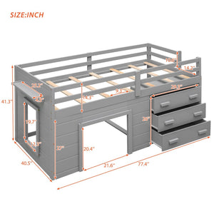English Elm Twin Low Loft Bed with Storage Drawers Cabinet and Shelf in Espresso Wood Gray LP001501AAE