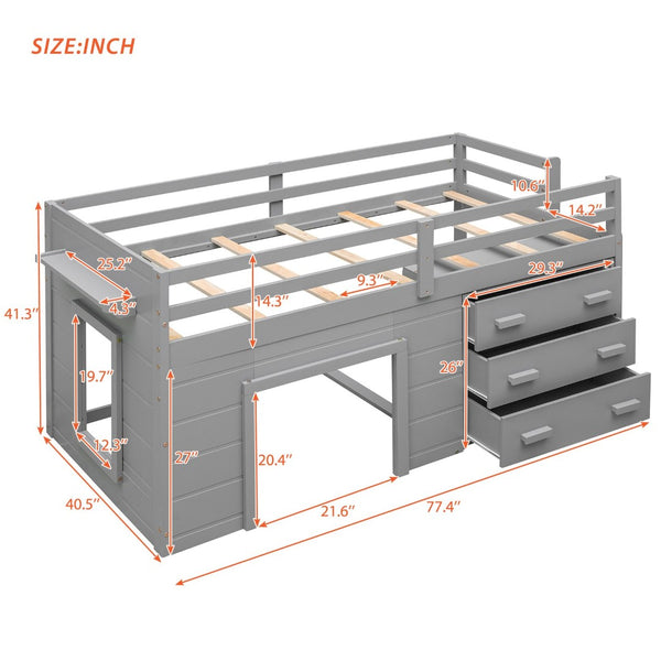English Elm Twin Low Loft Bed with Storage Drawers Cabinet and Shelf in Espresso Wood Gray LP001501AAE