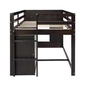 English Elm Twin Low Loft Bed with Storage Drawers Cabinet and Shelf in Espresso Wood LP001501AAP-1