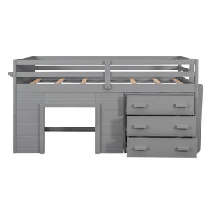 English Elm Twin Low Loft Bed with Storage Drawers Cabinet and Shelf in Espresso Wood Gray LP001501AAE