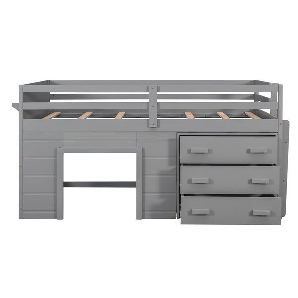 English Elm Twin Low Loft Bed with Storage Drawers Cabinet and Shelf in Espresso Wood Gray LP001501AAE-1