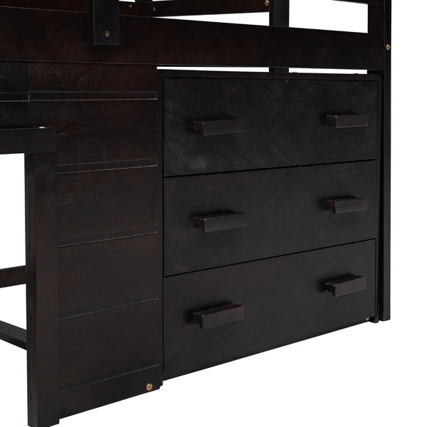 English Elm Twin Low Loft Bed with Storage Drawers Cabinet and Shelf in Espresso Wood LP001501AAP-1