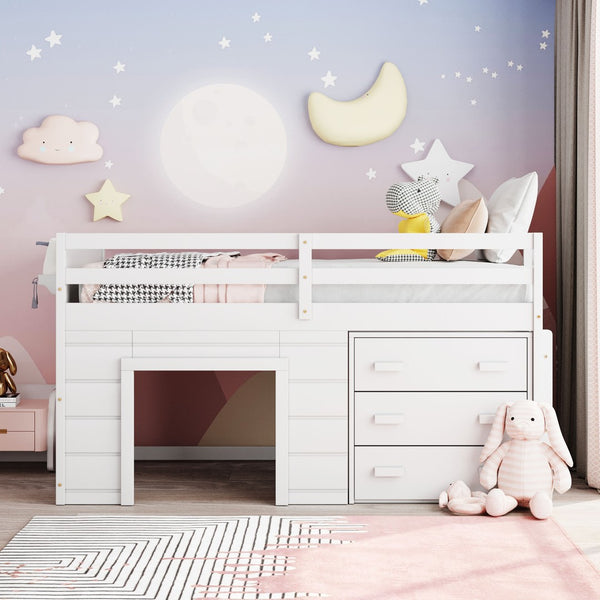 English Elm Twin Low Loft Bed with Storage Drawers Cabinet and Shelf in Espresso Wood White LP001501AAK