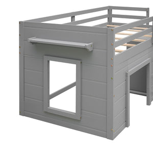 English Elm Twin Low Loft Bed with Storage Drawers Cabinet and Shelf in Espresso Wood Gray LP001501AAE