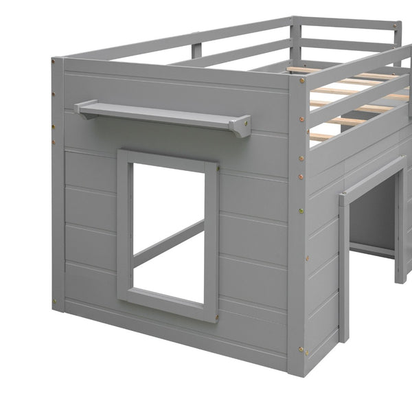 English Elm Twin Low Loft Bed with Storage Drawers Cabinet and Shelf in Espresso Wood Gray LP001501AAE