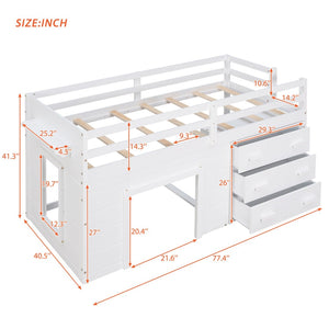 English Elm Twin Low Loft Bed with Storage Drawers Cabinet and Shelf in Espresso Wood White LP001501AAK