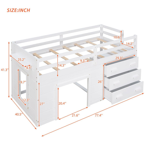 English Elm Twin Low Loft Bed with Storage Drawers Cabinet and Shelf in Espresso Wood White LP001501AAK
