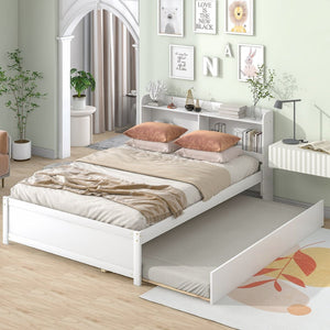 English Elm Full Bed with Pull Out Trundle and Bookcase Headboard for Kids or Guest Rooms White W504P396552