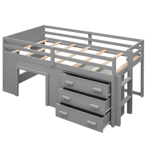 English Elm Twin Low Loft Bed with Storage Drawers Cabinet and Shelf in Espresso Wood Gray LP001501AAE-1