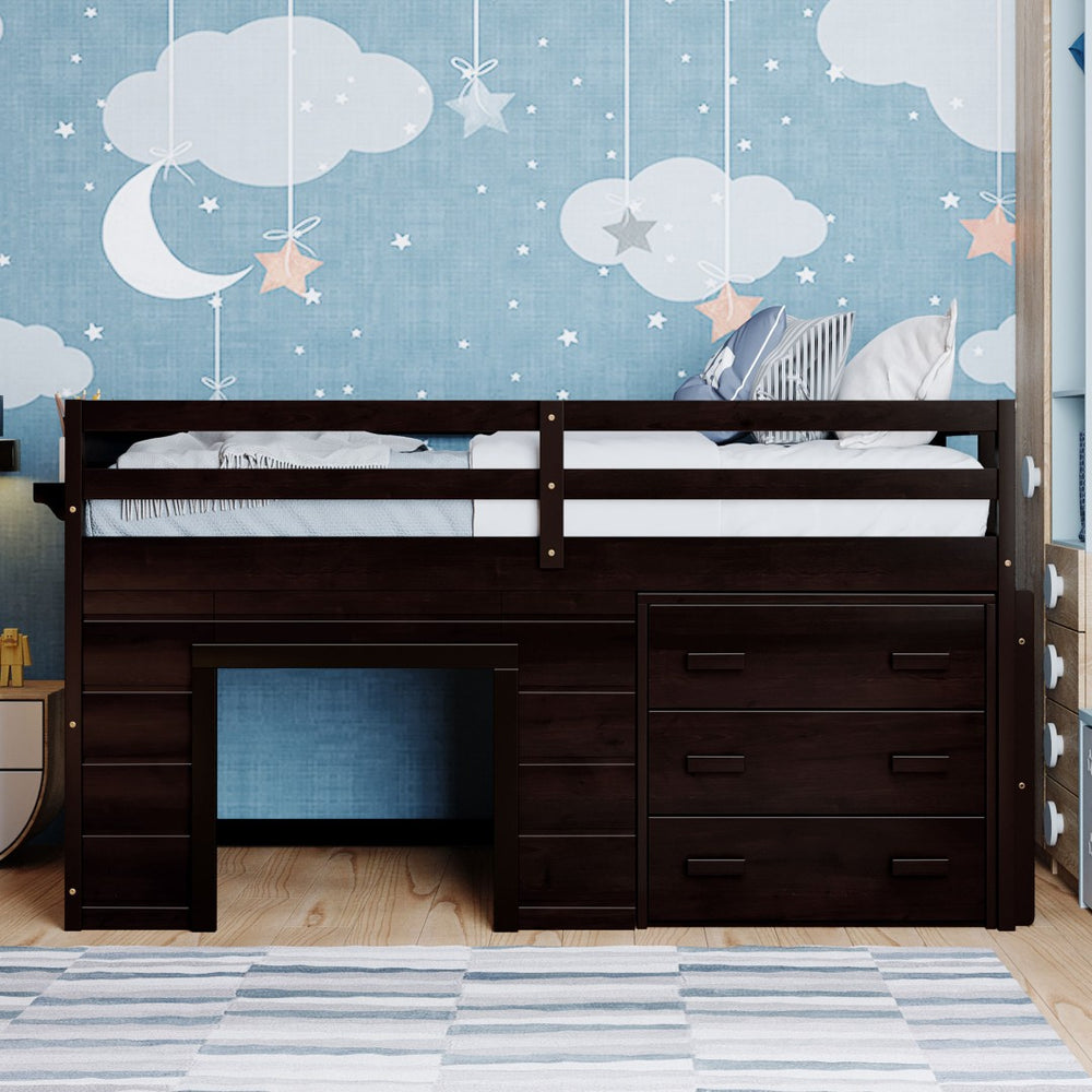 English Elm Twin Low Loft Bed with Storage Drawers Cabinet and Shelf in Espresso Wood LP001501AAP-1