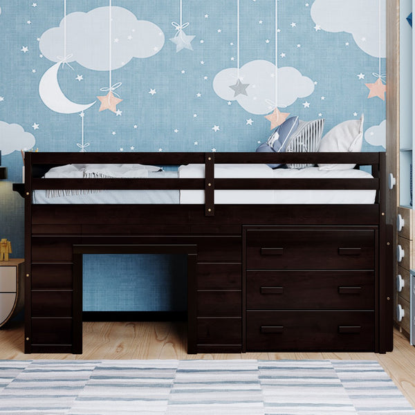 English Elm Twin Low Loft Bed with Storage Drawers Cabinet and Shelf in Espresso Wood LP001501AAP-1