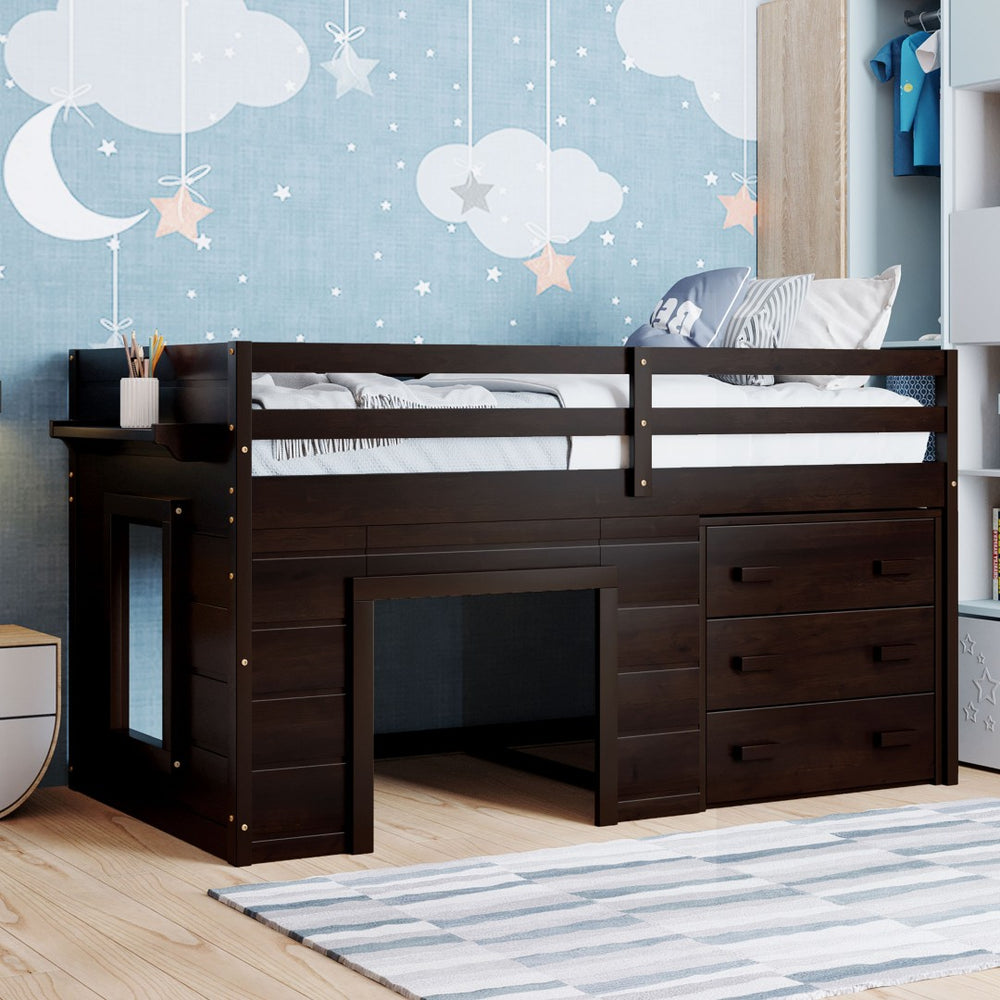 English Elm Twin Low Loft Bed with Storage Drawers Cabinet and Shelf in Espresso Wood LP001501AAP
