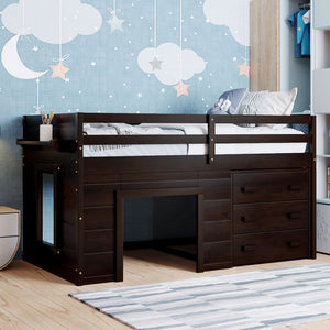 English Elm Twin Low Loft Bed with Storage Drawers Cabinet and Shelf in Espresso Wood LP001501AAP