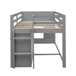 English Elm Twin Low Loft Bed with Storage Drawers Cabinet and Shelf in Espresso Wood Gray LP001501AAE