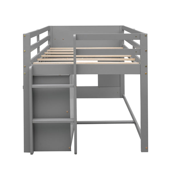 English Elm Twin Low Loft Bed with Storage Drawers Cabinet and Shelf in Espresso Wood Gray LP001501AAE