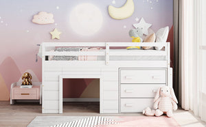 English Elm Twin Low Loft Bed with Storage Drawers Cabinet and Shelf in Espresso Wood White LP001501AAK-1