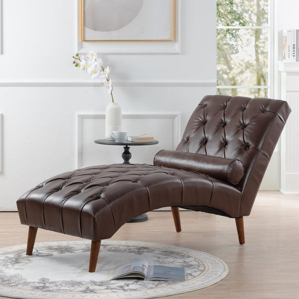 English Elm Upholstered Pu Chaise Lounge with Birch Legs Sculptural Sled Frame for Bedroom W68041757