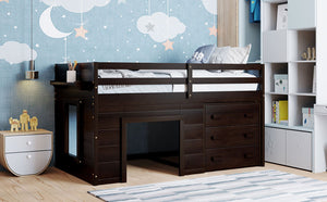 English Elm Twin Low Loft Bed with Storage Drawers Cabinet and Shelf in Espresso Wood LP001501AAP
