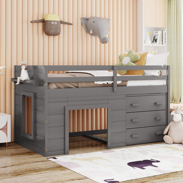 English Elm Twin Low Loft Bed with Storage Drawers Cabinet and Shelf in Espresso Wood Gray LP001501AAE