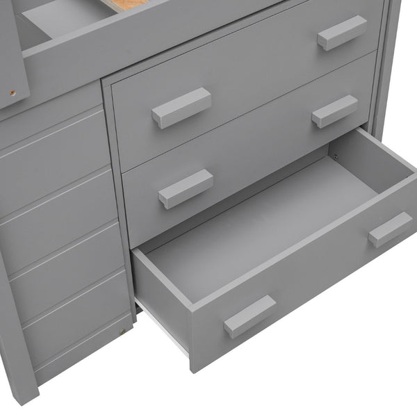 English Elm Twin Low Loft Bed with Storage Drawers Cabinet and Shelf in Espresso Wood Gray LP001501AAE