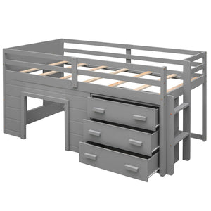 English Elm Twin Low Loft Bed with Storage Drawers Cabinet and Shelf in Espresso Wood Gray LP001501AAE-1