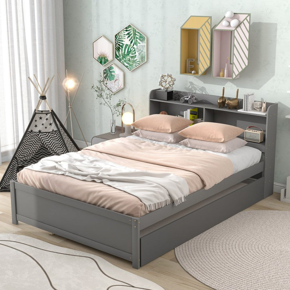 English Elm Full Bed with Pull Out Trundle and Bookcase Headboard for Kids or Guest Rooms Grey W504P396551