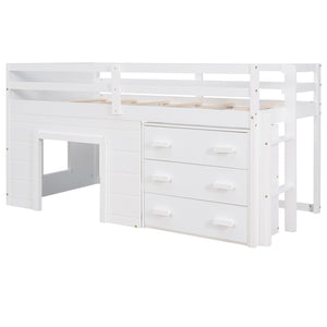English Elm Twin Low Loft Bed with Storage Drawers Cabinet and Shelf in Espresso Wood White LP001501AAK