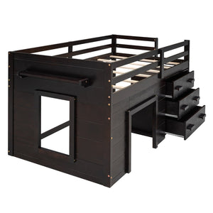 English Elm Twin Low Loft Bed with Storage Drawers Cabinet and Shelf in Espresso Wood LP001501AAP