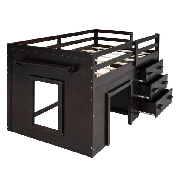 English Elm Twin Low Loft Bed with Storage Drawers Cabinet and Shelf in Espresso Wood LP001501AAP