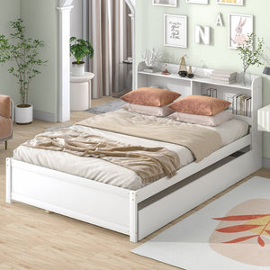 English Elm Full Bed with Pull Out Trundle and Bookcase Headboard for Kids or Guest Rooms White W504P396552