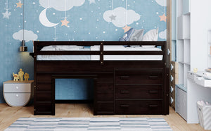 English Elm Twin Low Loft Bed with Storage Drawers Cabinet and Shelf in Espresso Wood LP001501AAP-1
