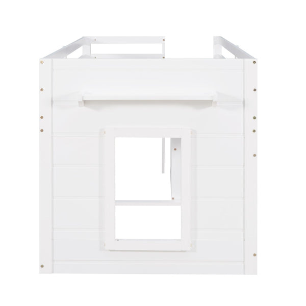 English Elm Twin Low Loft Bed with Storage Drawers Cabinet and Shelf in Espresso Wood White LP001501AAK