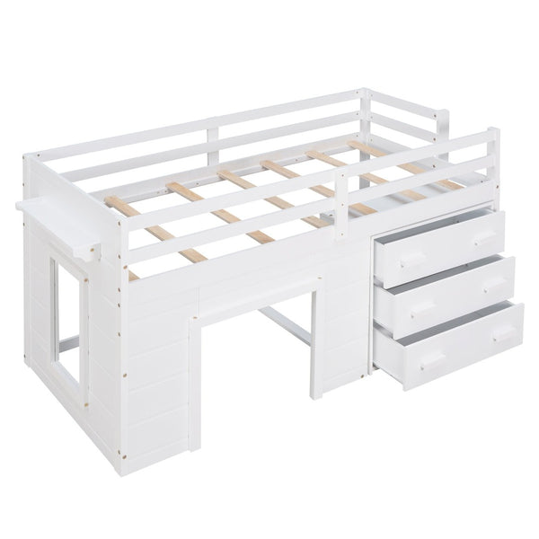English Elm Twin Low Loft Bed with Storage Drawers Cabinet and Shelf in Espresso Wood White LP001501AAK-1