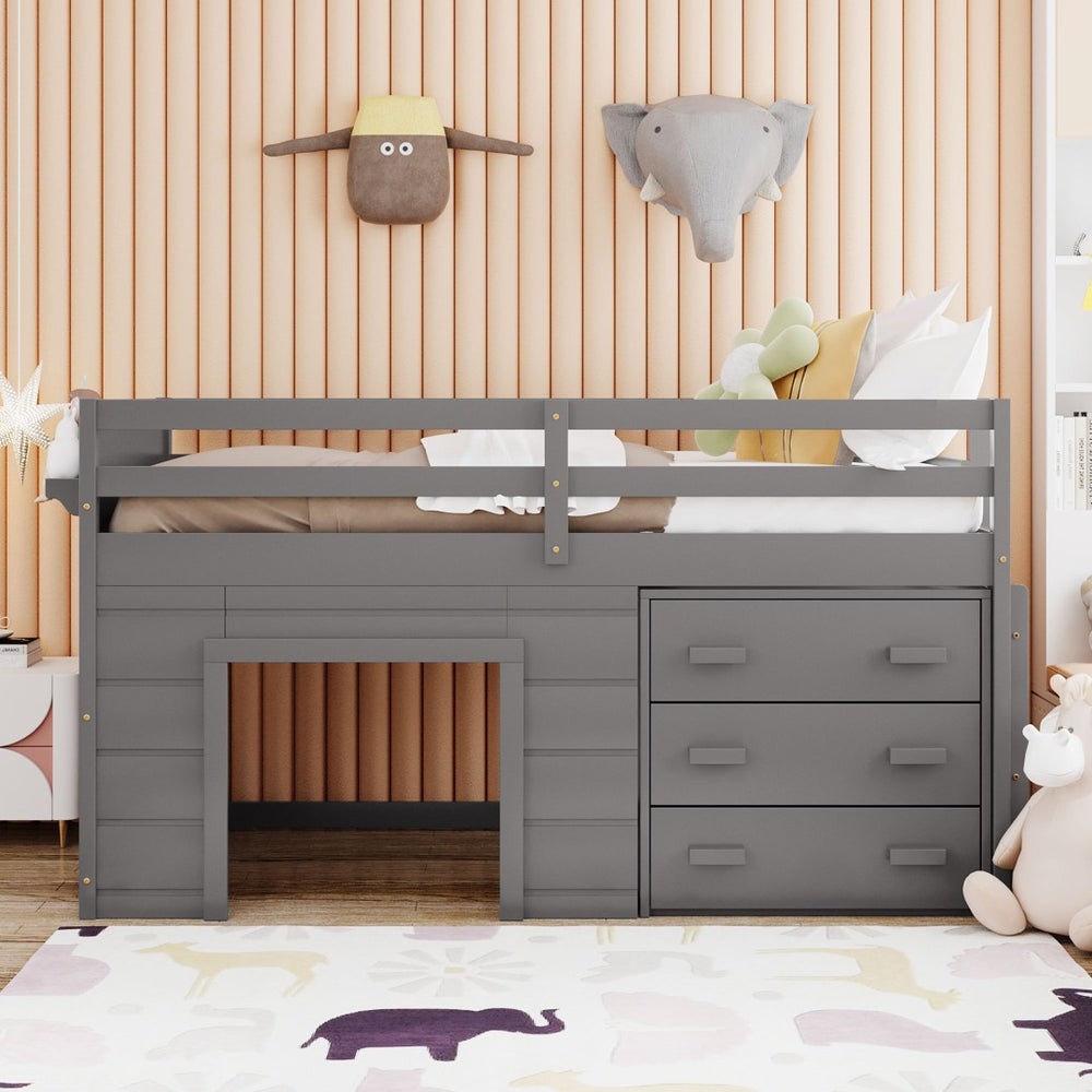 English Elm Twin Low Loft Bed with Storage Drawers Cabinet and Shelf in Espresso Wood Gray LP001501AAE