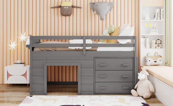 English Elm Twin Low Loft Bed with Storage Drawers Cabinet and Shelf in Espresso Wood Gray LP001501AAE-1