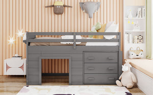 English Elm Twin Low Loft Bed with Storage Drawers Cabinet and Shelf in Espresso Wood Gray LP001501AAE