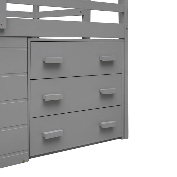 English Elm Twin Low Loft Bed with Storage Drawers Cabinet and Shelf in Espresso Wood Gray LP001501AAE