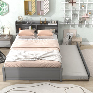 English Elm Full Bed with Pull Out Trundle and Bookcase Headboard for Kids or Guest Rooms Grey W504P396551