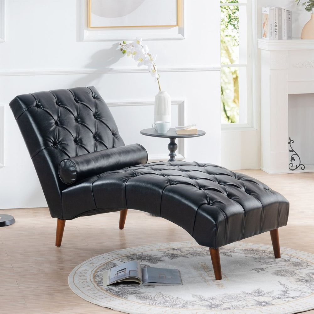 English Elm Upholstered Pu Chaise Lounge with Birch Legs Sculptural Sled Frame for Bedroom W68041756