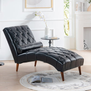 English Elm Upholstered Pu Chaise Lounge with Birch Legs Sculptural Sled Frame for Bedroom W68041756