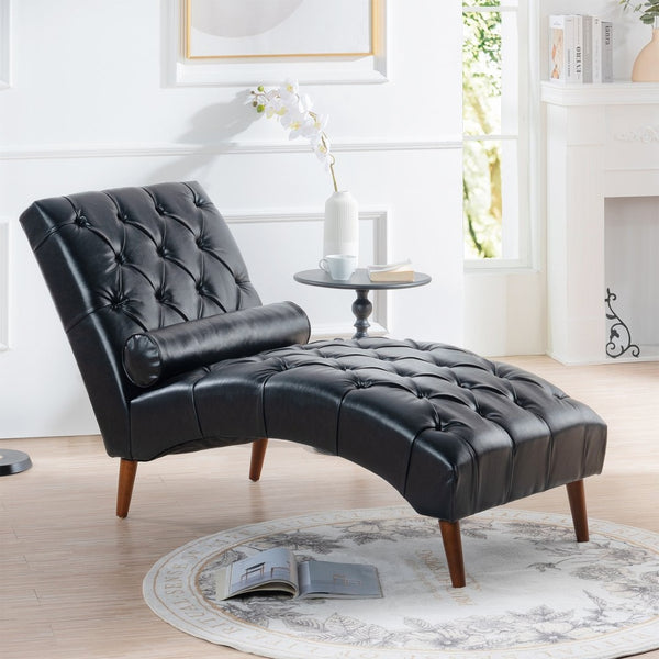 English Elm Upholstered Pu Chaise Lounge with Birch Legs Sculptural Sled Frame for Bedroom W68041756