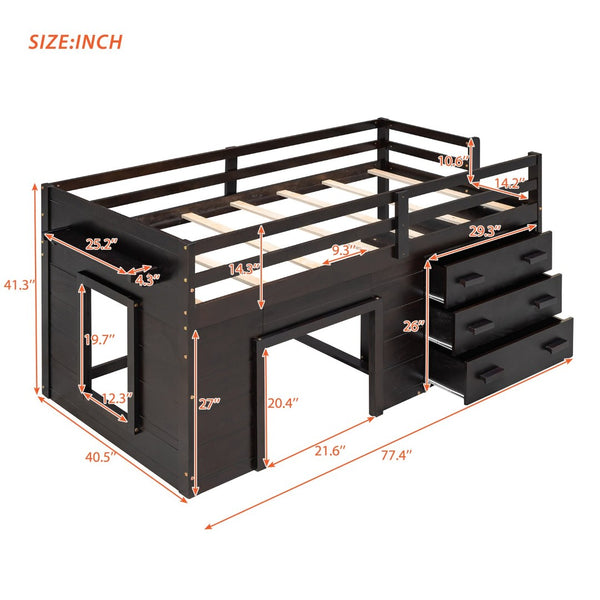 English Elm Twin Low Loft Bed with Storage Drawers Cabinet and Shelf in Espresso Wood LP001501AAP