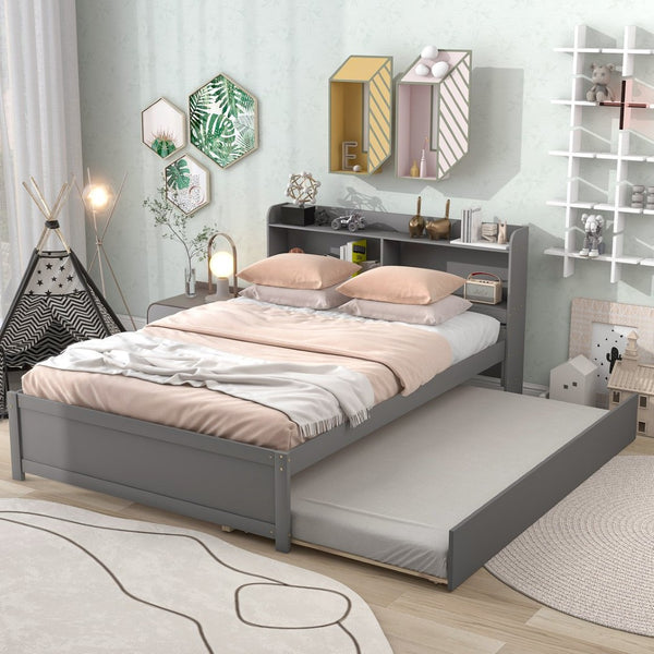English Elm Full Bed with Pull Out Trundle and Bookcase Headboard for Kids or Guest Rooms Grey W504P396551