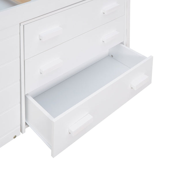 English Elm Twin Low Loft Bed with Storage Drawers Cabinet and Shelf in Espresso Wood White LP001501AAK-1