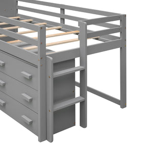 English Elm Twin Low Loft Bed with Storage Drawers Cabinet and Shelf in Espresso Wood Gray LP001501AAE