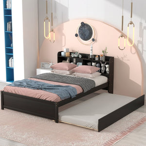 English Elm Full Bed with Pull Out Trundle and Bookcase Headboard for Kids or Guest Rooms Espresso W504P396574