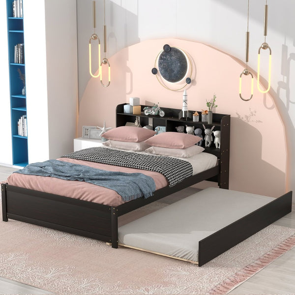 English Elm Full Bed with Pull Out Trundle and Bookcase Headboard for Kids or Guest Rooms Espresso W504P396574