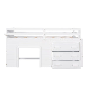 English Elm Twin Low Loft Bed with Storage Drawers Cabinet and Shelf in Espresso Wood White LP001501AAK-1